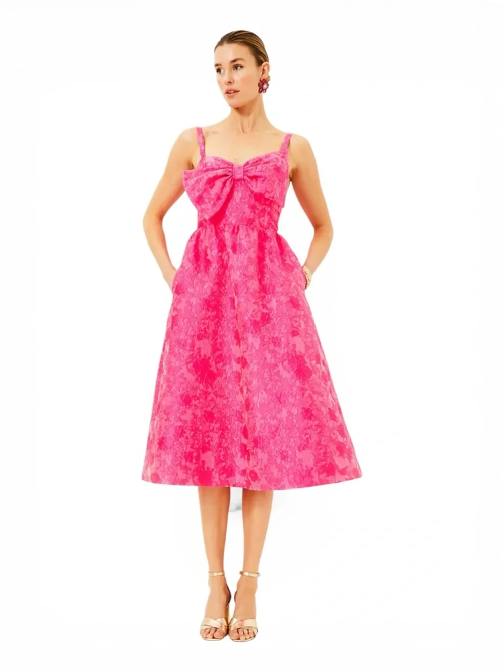 NWT Lilly Pillitzer ELLARA Jacquard Midi Bow Dress, Passion Fuit Pink Leaf 6 - Picture 5 of 7